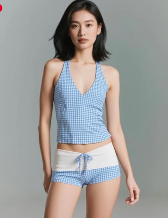 ĐỒ BƠI NỮ 2 MẢNH CỔ YẾM HỞ NGỰC KẺ SỌC – BIKINI LƯNG CAO CHE BỤNG GỢI CẢM